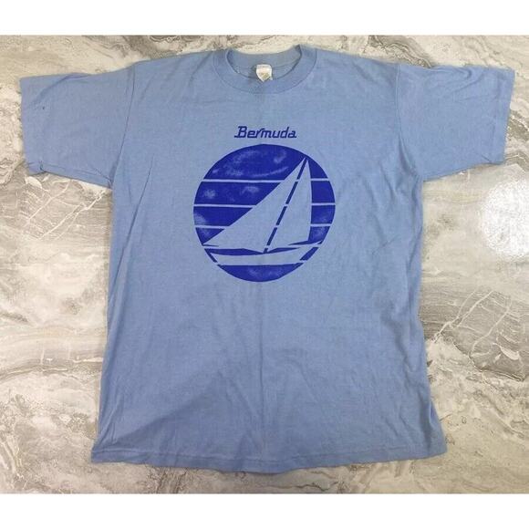 VTG Sz L 80s 90/ Bermuda Beach Single Stitch T-shirt Blue Minimalist - Picture 1 of 6